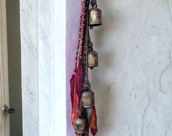 Iron Metal Giant Cow Bells Harmony bell Wind chimes with Old sari fabric Garden Outhouse Patio Decor Multicolour Boho Theme Decoration