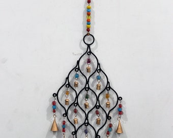 Recycled Iron Metal Bells Glass Beads Hanging Wind-chime Indoor Outdoor Patio Garden Decoration