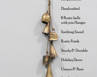 6 Rustic Iron Metal Bells Hanging Chime Mobile String Decoration 40 cm Length Outdoor Indoor Garden Décor