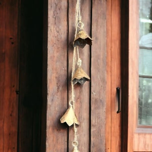 Rustic Iron Flower Bells Wind Chime, Antique Gold Finish