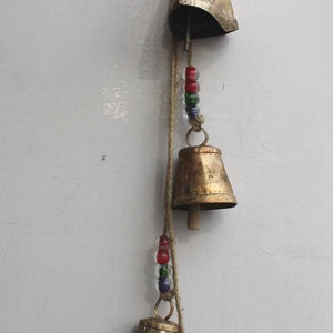 4 Vintage Bells Hanging Chime Mobile String Decoration 120 cm Length Bells & Beads with Jute Rope