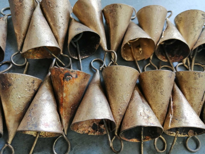 Handmade Indian Bells Vintage Bells for Crafts Recycled Iron Tin Cow Bells for Wind Chimes Size 1.75 Inch Height 24 Pieces image 5