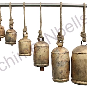Recycled Iron Tin Cow Bells 7 Pieces Set Size 12&quot; , 10&quot; , 8&quot; , 6&quot; ,  5&quot; , 4&quot; , 3&quot; Inch Height Antique Gold Finish Wooden Clapper