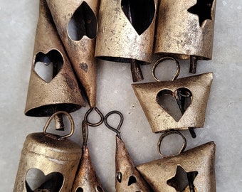 Antique Gold Finish Cow Bells, Recycled Iron Craft Cutout Bells, Set of 9 Pcs