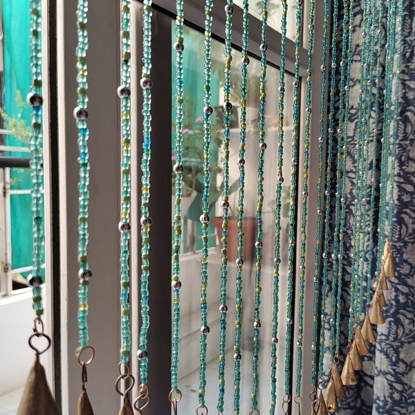 Bohemian Hippy Beaded Curtain for Doorways Turquoise colour Glass Beads Stands 76" inch Length Bell Strings Boho Home Decoration Ornaments