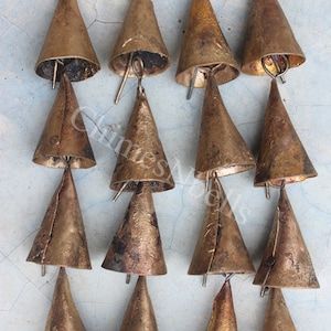 150 Pc Triangle Cone Shape Brass Tin Bells Supply Windchime Vintage India Cow Bells 2&quot; Height