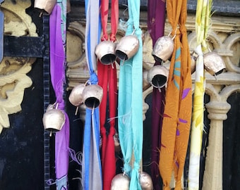 Boho Tin Bell Wind Chime with Recycled Sari Silk, Handmade Mobile