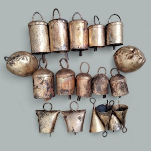 Vintage Recycled Iron Tin Cow Bells Craft Bells Antique Gold Finish Set of 18 Pieces Assort. Lot Indian Metal Craft