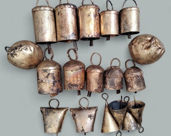 Vintage Recycled Iron Tin Cow Bells Craft Bells Antique Gold Finish Set of 18 Pieces Assort. Lot Indian Metal Craft