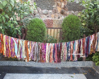 Guirlande de guirlandes de chiffon recyclée faite main, guirlande de guirlandes Kantha, guirlandes de pampilles, guirlande de tissu vintage, guirlande de sari, guirlande de Boho