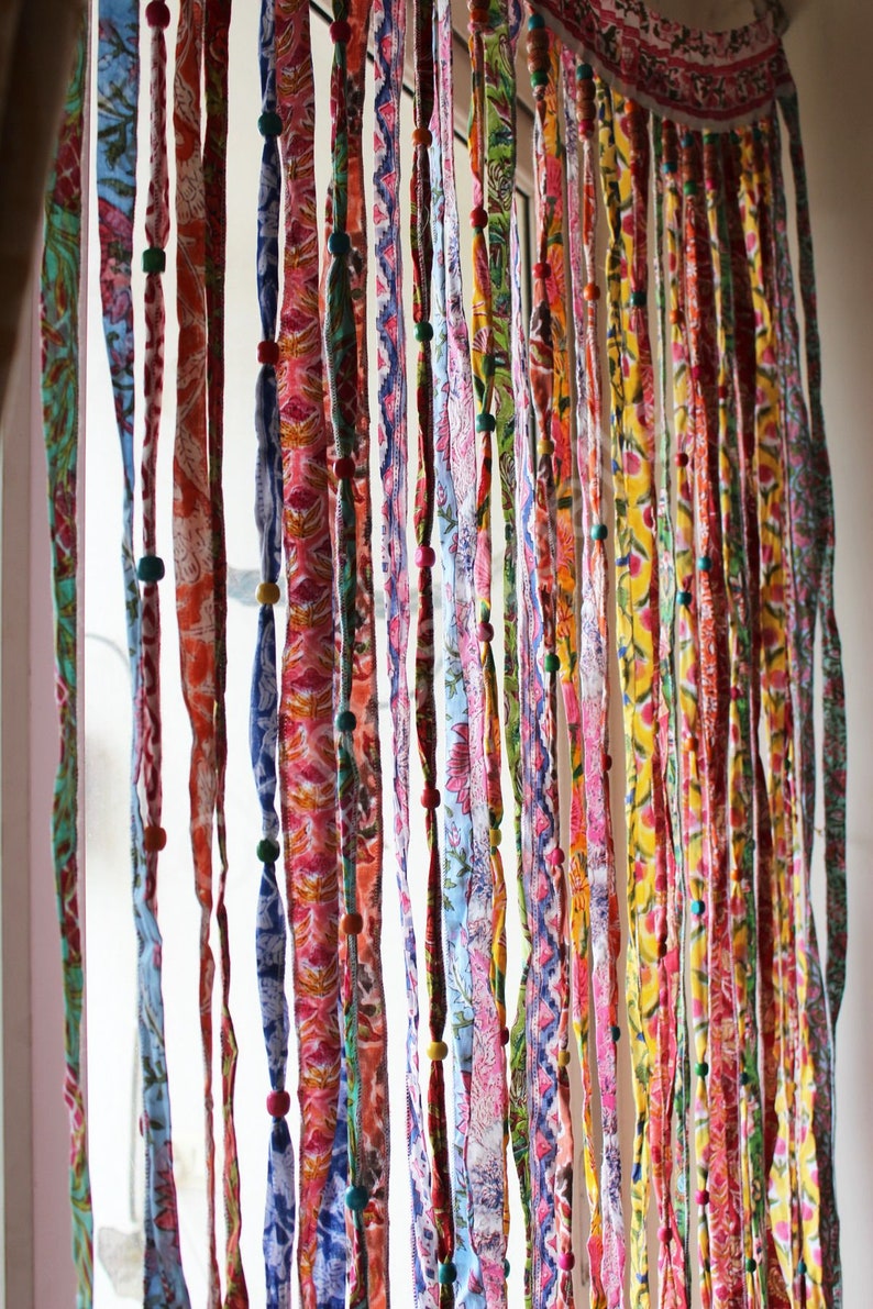 Handmade 100%Cotton Bohemian Hippie Beaded Window Curtain Multicolour Boho Rod Pocket Front Door Decor Curtains image 5
