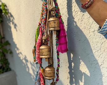 Rustic Harmony Hanging Bells – Bohemian Sari Fabric Wind Chime for Porch, Patio, Garden & Farmhouse Decor