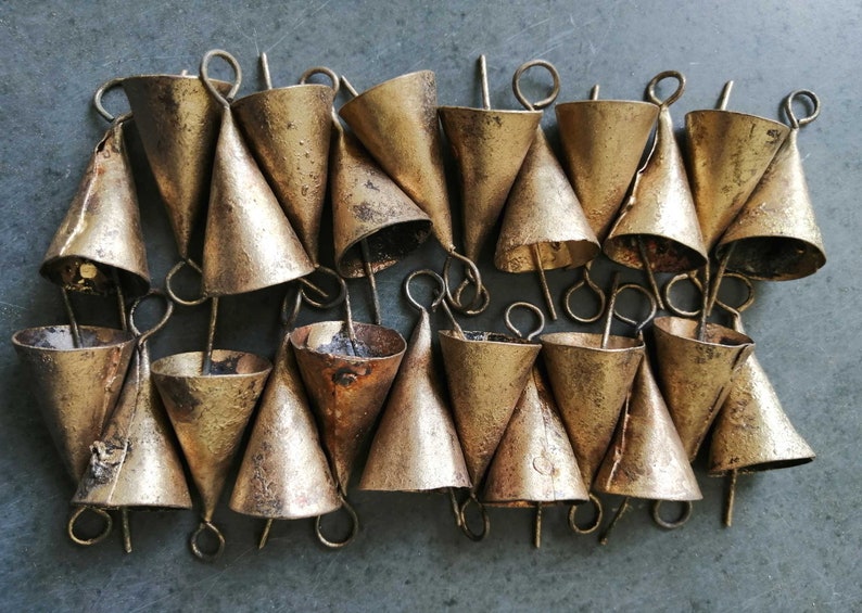 Handmade Indian Bells Vintage Bells for Crafts Recycled Iron Tin Cow Bells for Wind Chimes Size 1.75 Inch Height 24 Pieces image 3