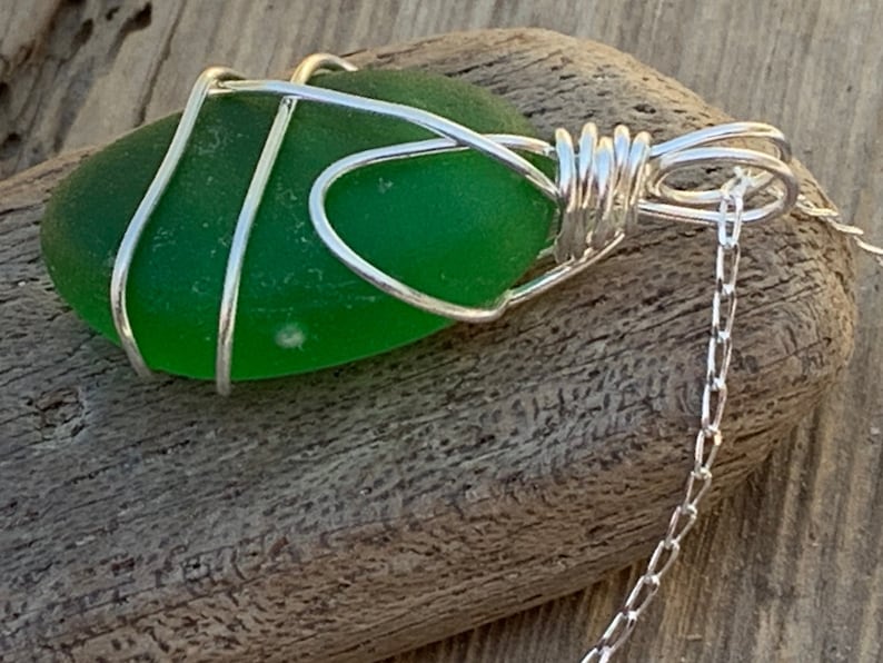 Genuine Sea Glass Necklace 925 Sterling Silver chain, Emerald Green Reversible pendant