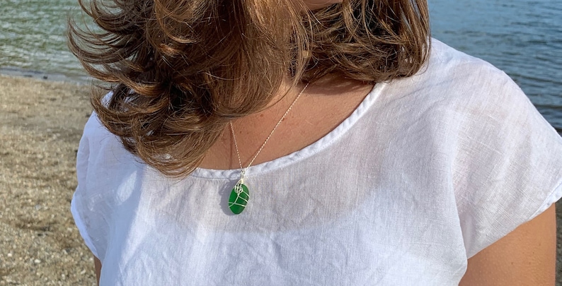 Genuine Sea Glass Necklace 925 Sterling Silver chain, Emerald Green Reversible pendant