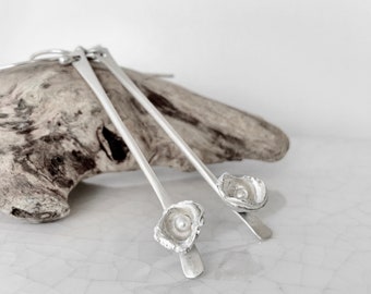 Argentium Silver Dangle Earrings, Long Stem Wildflower Earrings,