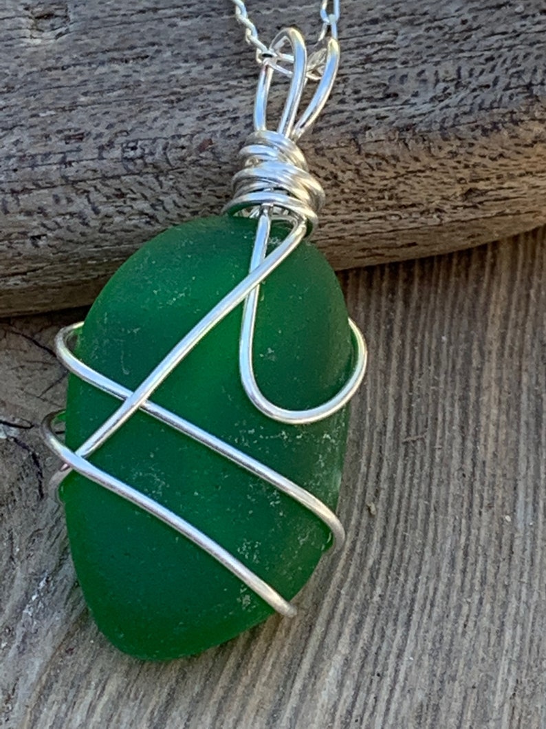 Genuine Sea Glass Necklace 925 Sterling Silver chain, Emerald Green Reversible pendant