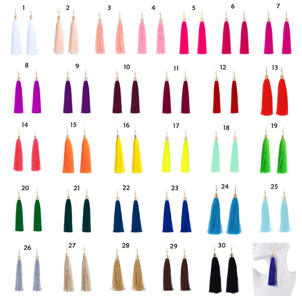 Plain Long Tassel Earrings Gold Metal Cap and Hook 30 Colours  Purple Green Red Blue Neon Boho  Hook Earrings