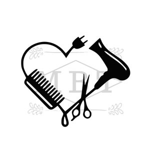 May include: Black and white illustration of a heart shape formed by a hair dryer, scissors, and a comb. The heart shape is outlined with a cord and plug.
