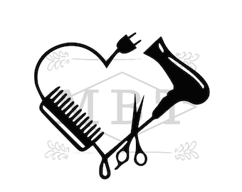 INSTANT DOWNLOAD Hairdresser Heart - Hair Tech Scg Png - Hearts Outline - Blowdryer - Comb - Scissors - Cut File