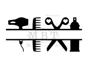 INSTANT DOWNLOAD Hair Dresser Monogram Split - Hair Tech Svg Png - Hearts Outline - Blowdryer - Comb - Scissors - Cut File