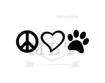 INSTANT DOWNLOAD Peace Love Paw Svg Png Animal Lovers Joy Serenity Design Heart Peace Symbol Paw Print