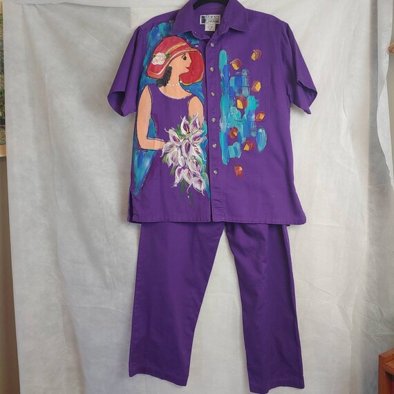 Handpainted art wear purple pant suit, Unique Lady