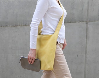 Spring Yellow Leather Cross Body Bag for Women, Bag with Small Purse, 2 in 1 Leather Bag