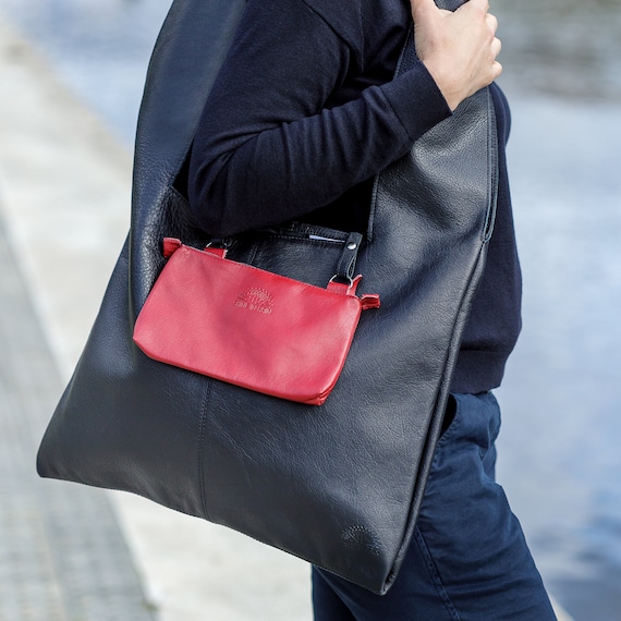 Handmade Black Leather Bag With Red Purse, Black Red Crossbody Bag