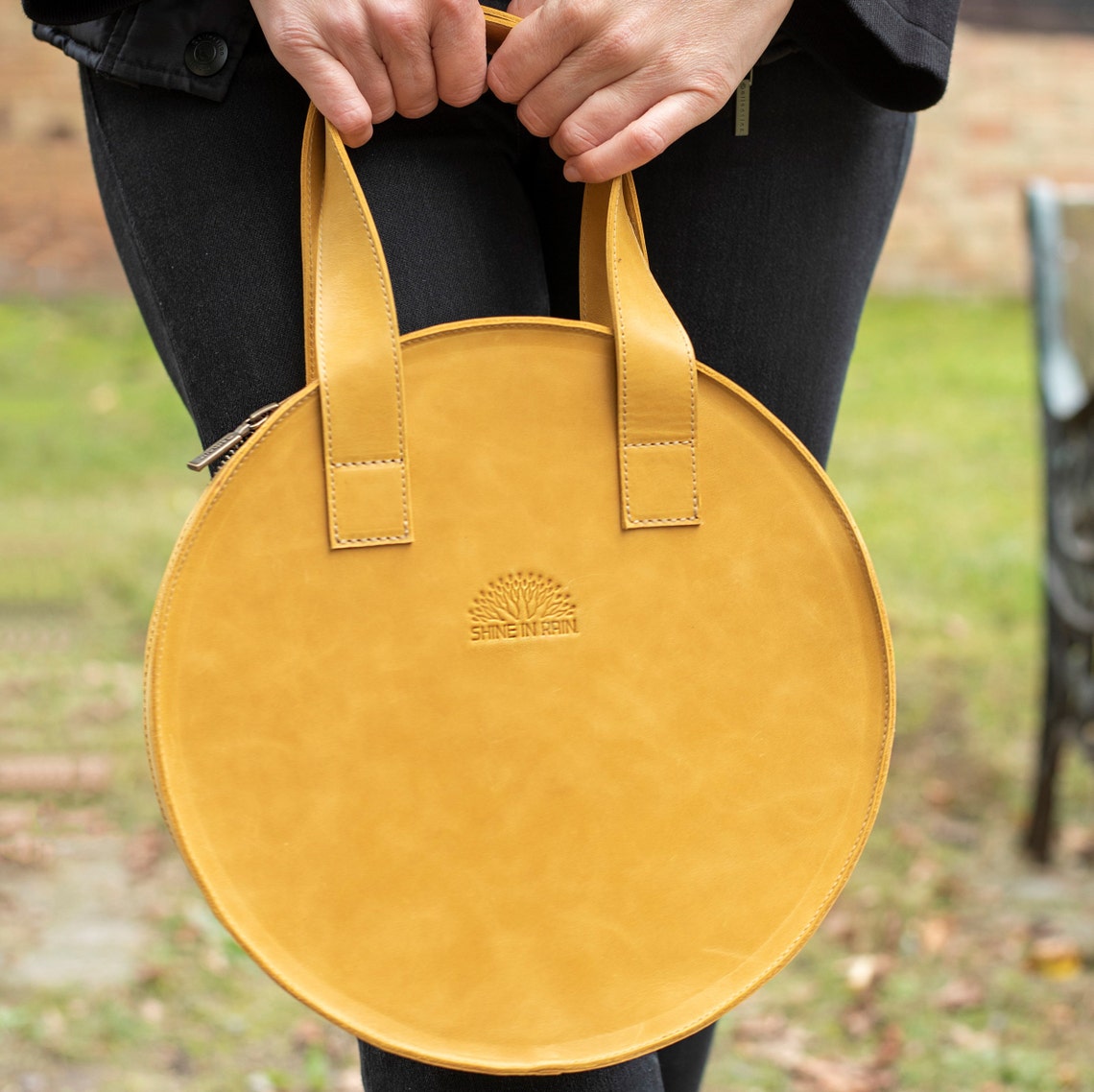 Yellow Round Leather Handbag, Minimalist Leather Handbag, Classic