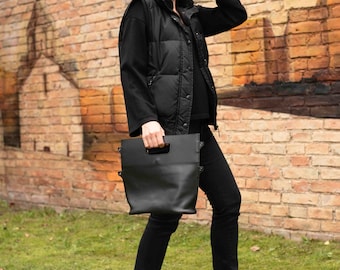 Minimalist Crossbody Bag, Black Leather Bag, Red Strap Bag, Black Leather Handbag for Women, Black Leather Minimalist Bag