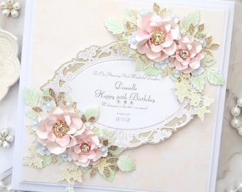 Personalised Handmade Birthday Card: Luxury Birthday Card, Boxed Card, 3D Flowers With Crystal Detail