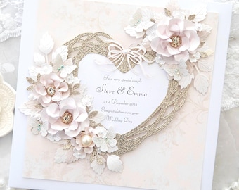 Personalised Handmade Wedding Card: Luxury Wedding Card, Boxed Card, 3D Flowers With Crystal Detail