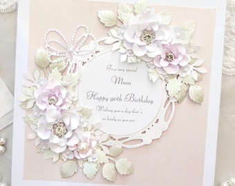 Personalised Handmade Birthday Card: Luxury Birthday Card, Boxed Card, 3D Flowers With Crystal Detail