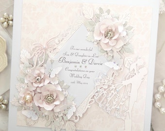 Personalised Handmade Wedding Card: Luxury Wedding Card, Boxed Card, 3D Flowers With Crystal Detail