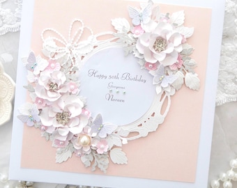 Personalised Handmade Birthday Card: Luxury Birthday Card, Boxed Card, 3D Flowers With Crystal Detail