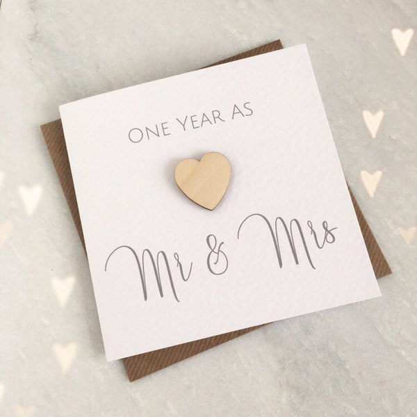 First Wedding Anniversary Card - One Year As Mr & Mrs - 1st Anniversary Congratulations Card - Wooden Heart