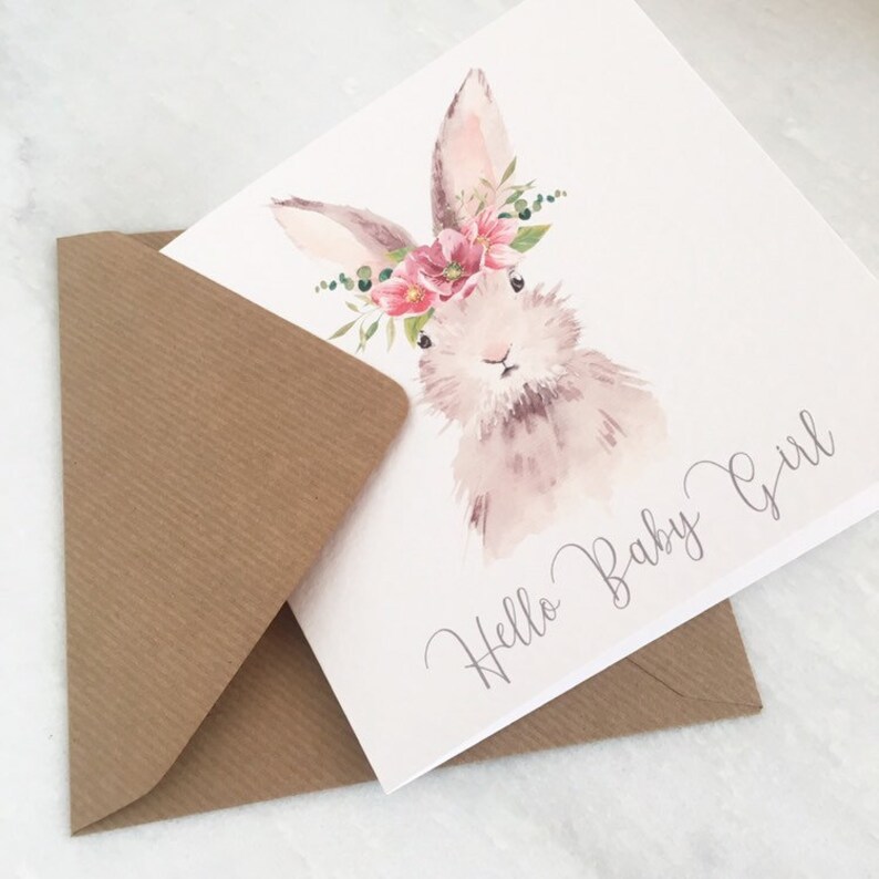 New Baby Card - Hello Baby Girl - Rabbit Bunny New Baby Girl Card - New ...