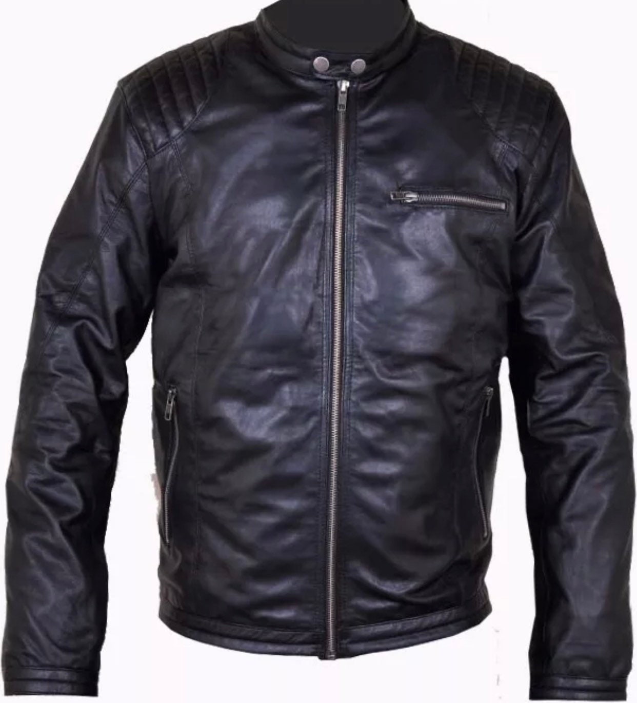 Image of Mens Black Genuine Sheep Leather Biker Jacket-Custom Made