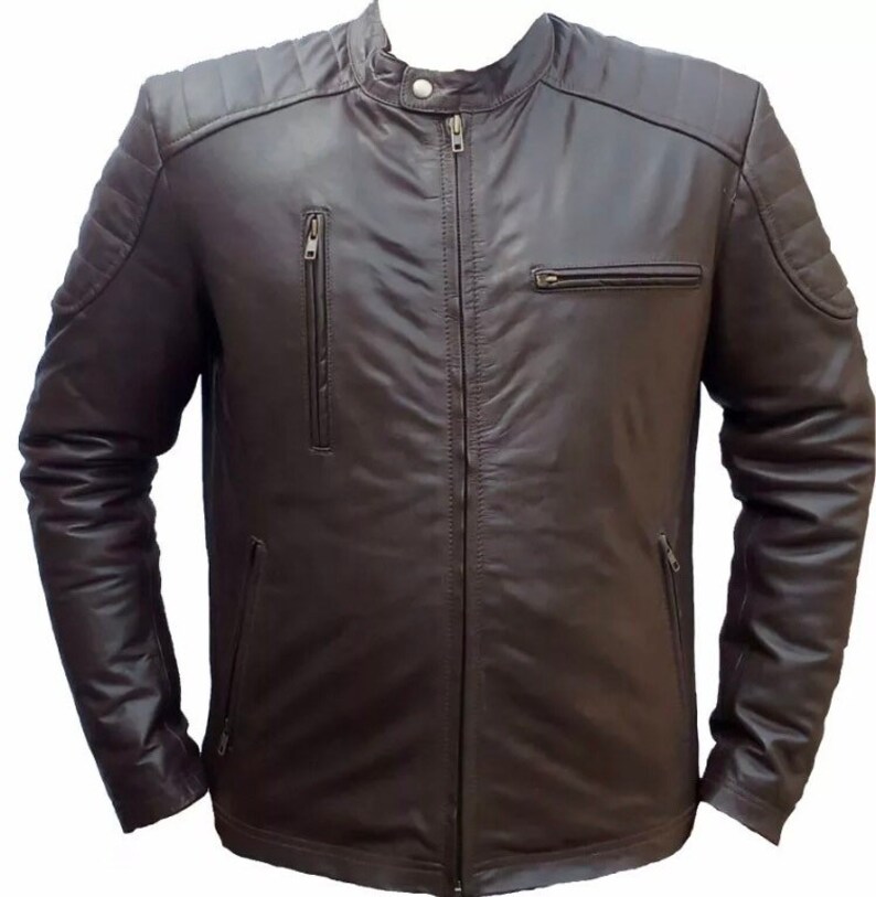Men\u2019s Genuine Real Brown Premium Cow Leather Biker Jacket