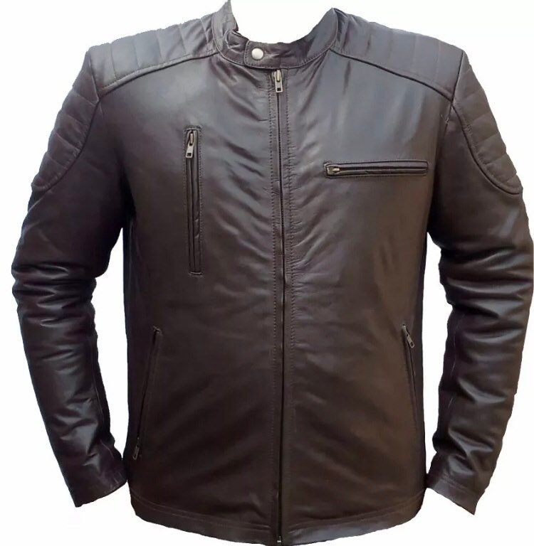 Image of Men’S Genuine Real Brown Premium Cow Leather Biker Jacket