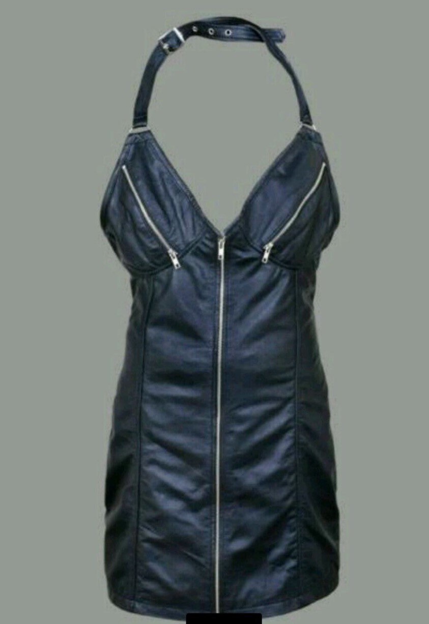 Image of Genuine Leather Black Short Women Zipped Cup Mini Dress