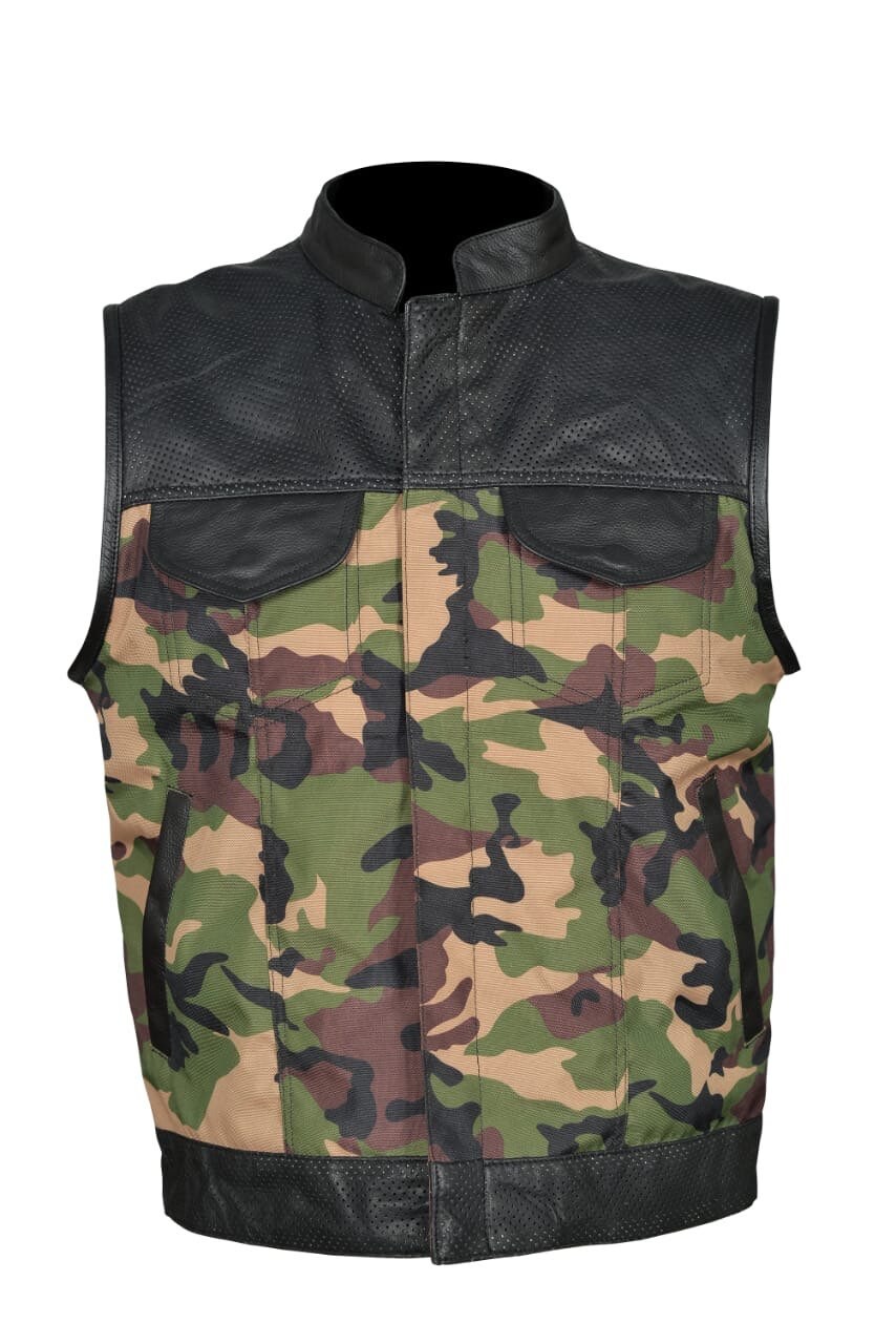 Image of Son Of Anarchy Camouflage Camo Genuine Cordura Fabric Leather Motorcycle Biker Waistcoat/Vest