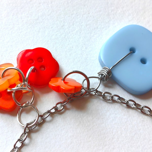 Unique Orange and Blue Buttons Necklace Pendant with Crown Charm