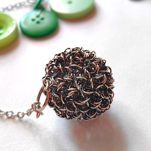 Unique Button Handmade Green Necklace with Crown Charms and Metal Ball