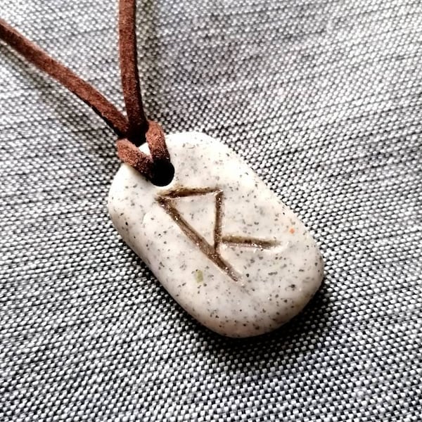 Unique Handmade Viking Rune Polymer Clay Pendant with Real Leather Rope and Slided Knots for Adjustable Lenght