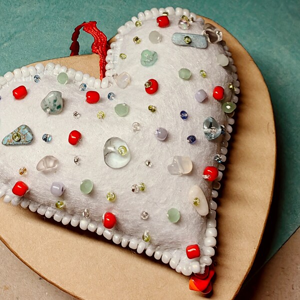 Unique Handmade Embroidered Felt Heart, Coral semi precious stone, Ornament