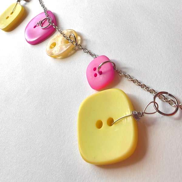 Unique Handmade Yellow and Pink Buttons Necklace Pendant with Polymer Calay Charms