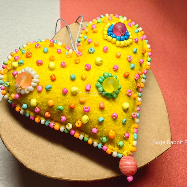 Unique, One of a Kind, Beads embroidered, Yellow, Handmade, Felt Heart Ornament, Pink Semi Precious Stone