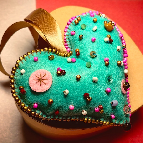 Unique, One of a kind, Handmade, Felt, Beads Embroidered, Heart Ornament, Saying Ribbon